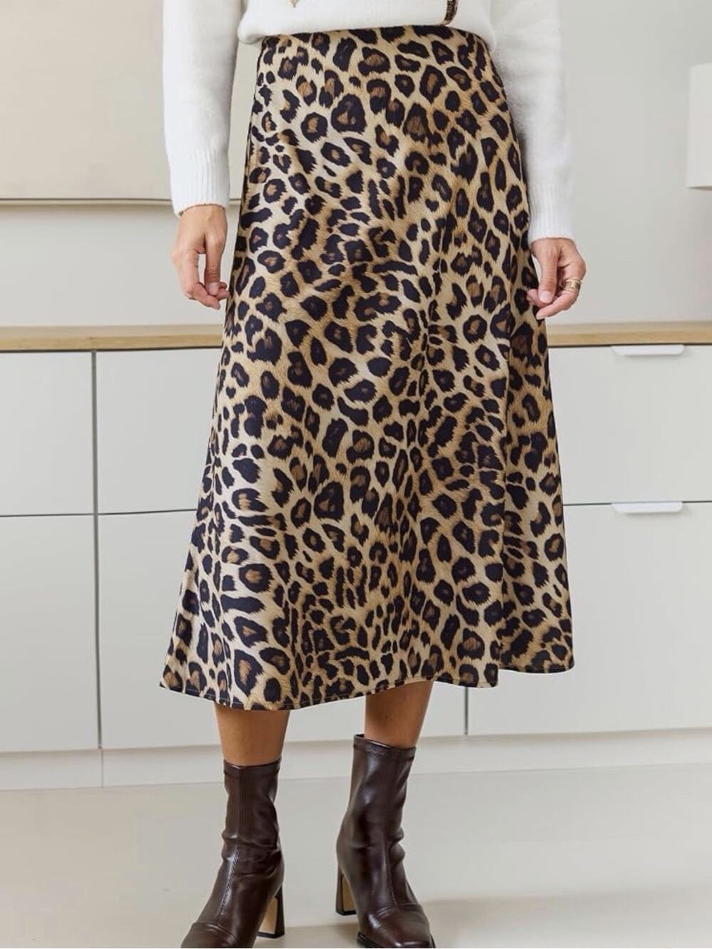 Cupshe Womenβs Leopard Animal Print A-Line Midi Skirt, Size S Beige/Brown